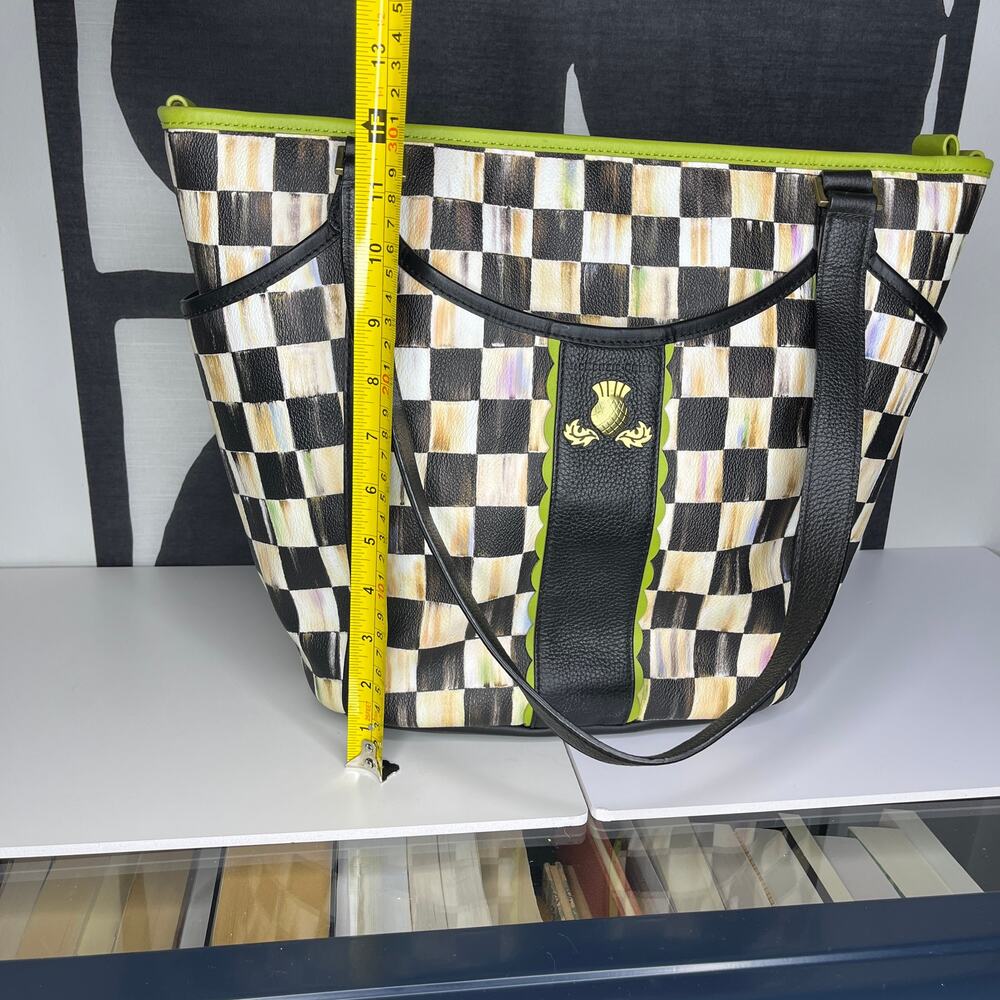 MacKenzie Childs Courtly Check Chartreuse Black Leather Diaper Bag Tote - Picture 4 of 9